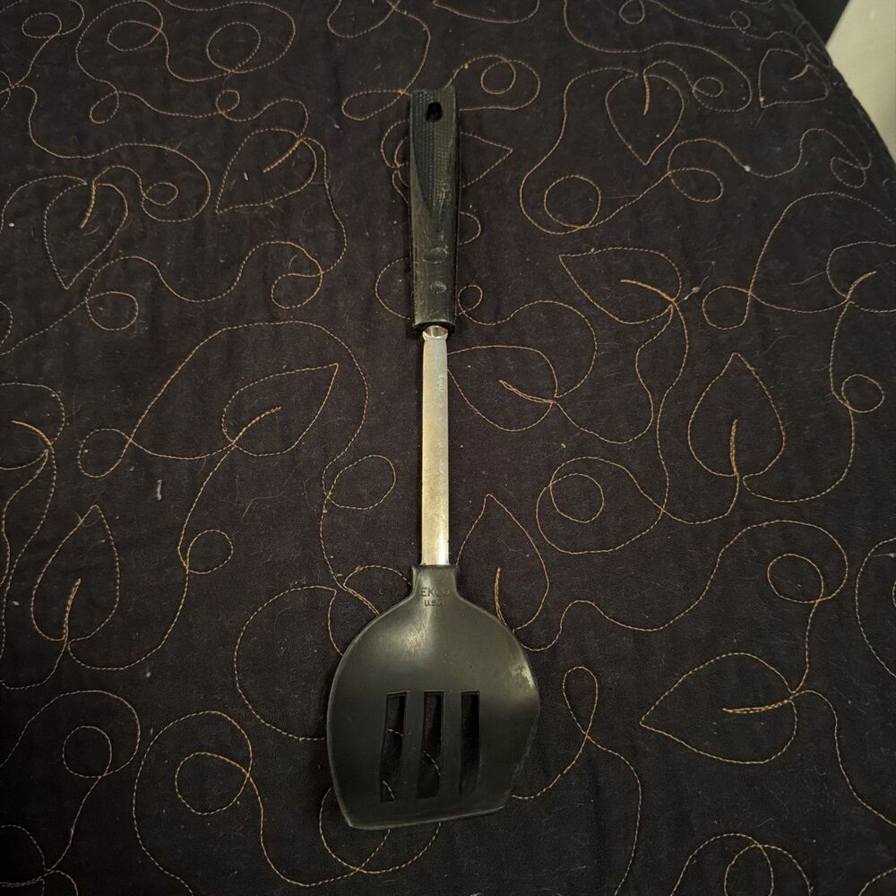 Vintage EKCO USA Black Nylon Slotted Spoon - Metal & Black Kitchen Utensil